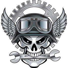 Simple Silver Skull with Motorcycle Helmet and Goggles Cartoon Icon Vinyl Sticker (2" Tall)