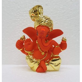 Gold Art India Gold Plated pagdi Ganesha with Orange teracotta Color Work (Gold Orange)