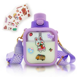 Kawaii Water Bottle for Girls Cute Water Bottles with Straw, Portable Leak Proof Square Kawaii Water Bottle with Stickers and Adjustable Strap - for Outdoor Sports Travel, BPA-Free, 24oz (Purple)