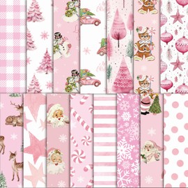 8TEHEVIN 60 Sheets Pink Christmas-Theme Patterned Paper, Vintage Scrapbook Wrapping Paper, Christmas Tree Snowman Santa Claus Reindeer Candy Cane Double-Sided DIY Craft Paper Christmas Party Supply
