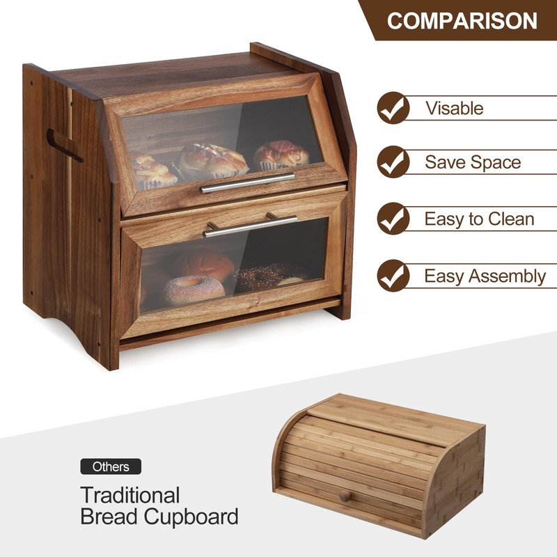 Garvee Double Layer Bread Box – Acacia Wood Bread Bin