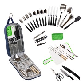 Life 2 Go 30 Pcs Camp Cooking Utensil Set & Outdoor Kitchen Gear Cookware Kit, Portable Compact Carry Case for Camping, Hiking, Travel, BBQ Grilling Stainless Steel Accessories Spoon & Fork, Navy