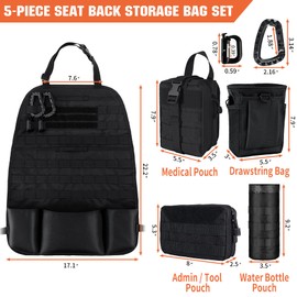 IronSeals Car Seat Back Organizer with 4 Molle Pouches, Universal Tactical Sag Proof Vehicle Seat Cover Protector with EMT Pouch Admin Pouch Water Bottle Pouch Drawstring Bag