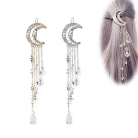Cimenexe Bohemian Moon Star Hair Clip Paved Moon Hair Barrette Silver Crystal Drop Hair Pins Clip Dangle Crystal Tassel Hair Barrette Headclip Rhinestone Headwear Decorative Jewelry for Women Girls