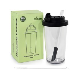 sweet grain Reusable Boba Tumbler - 24oz Tritan Iced Coffee Cup with Lid and Straw, BPA Free Leakproof Bubble/Boba Tea Cups with Carry Handle - Black