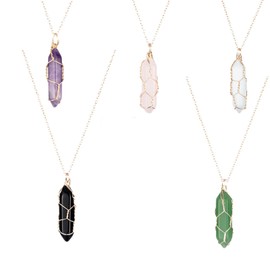 Hoshisea 5 Pieces Stones Wire Wrap Chain, Hexagon Gemstone Pendant, Quartz Pendant Necklace, for Yoga Jewellery, Everyday Wear, Mother's Day Gift (5 Colours), Crystal, Quartz