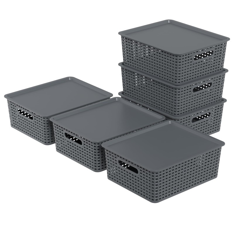 6-Pack Plastic Storage Baskets with Lid, Organizer Bins, Gray