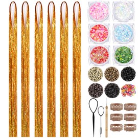 Gold Hair Tinsel Kit With Body Glitter 48 Inch 3000 Strands Glitter Tinsel Hair Extensions With Tools Fairy Hair Accessories, Suitable for Festivals and Daily Use (Champagne Gold Hair Tinsel Kit)