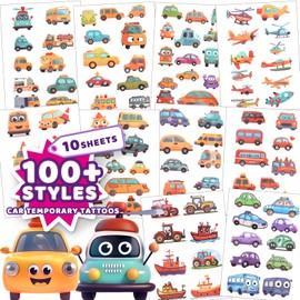 Yocieco Temporary Tattoos for Kids, 102 Styles Car Vehicle Trucks Bus Plane Tattoos Stickers for Kids, Gifts for Boys Girls Childern Birthday Party Favors