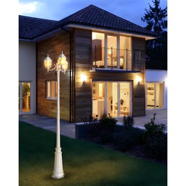 HORTUZZ Lamp Post Outdoor Lighting, 3-Head White Hard Wired Pole Light for Outside, E26 Base Maximum 100W (Bulb Not Included), Waterproof Street Light Fixture for Yard, Garden, Driveway (Classic)