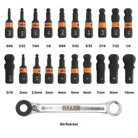 Railer 1 Inch Impact Driver 20pc Ball-End Hex Bit Set With Bit Ratchet. Premium S2 Steel Bit Set with Storage Bit Holder & Carabiner, Ideal For Furniture Screws
