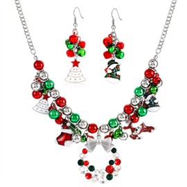 FAERLIIRY Christmas Jingle Bell Necklace Set X-mas Crystal Pendant Necklace Bell Beaded Earrings Festival Holiday Jewelry Set For Women(silver)