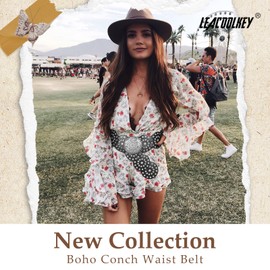 LEACOOLKEY Women Western Leather Belt Boho Dics Conch Waist Belt for Dress Jeans, B-black, 49": Suit for Waist Size Below 48"