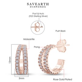 SAVEARTH DIAMONDS 18k Rose Gold Plated Sterling Silver Post Split Huggie Hoop Earrings, 0.75 Carat (ctw) Moissanite Diamond Hoop Earrings for Women | Jewelry Gifts For Her (3/4 Ctw)