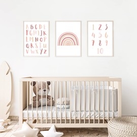 MeinBaby123® Children's Room Pictures, Set of 3 A4 Posters, Alphabet ABC Learning Poster, Numbers Rainbow, Decorative Children's Room Girls, Baby Room, Wall Poster Premium (ABC, Rainbow, Numbers -
