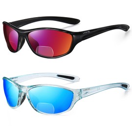 LKEYE Bifocal Reading Sunglasses for Men Women Sports Style Sun Reader Wrap Around Build-In UV400 Driving Sports/Outdoor/Driving Eyewear LK6092 (Red/Blue Magnifications+1.5X