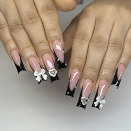 French Tip Fake Nails Long Press On Nails Square False Nails With Rhinestone Designs Acrylic Nails Press Ons Full Cover Stick On Nails Artificial Glossy Glue On Nails For Women