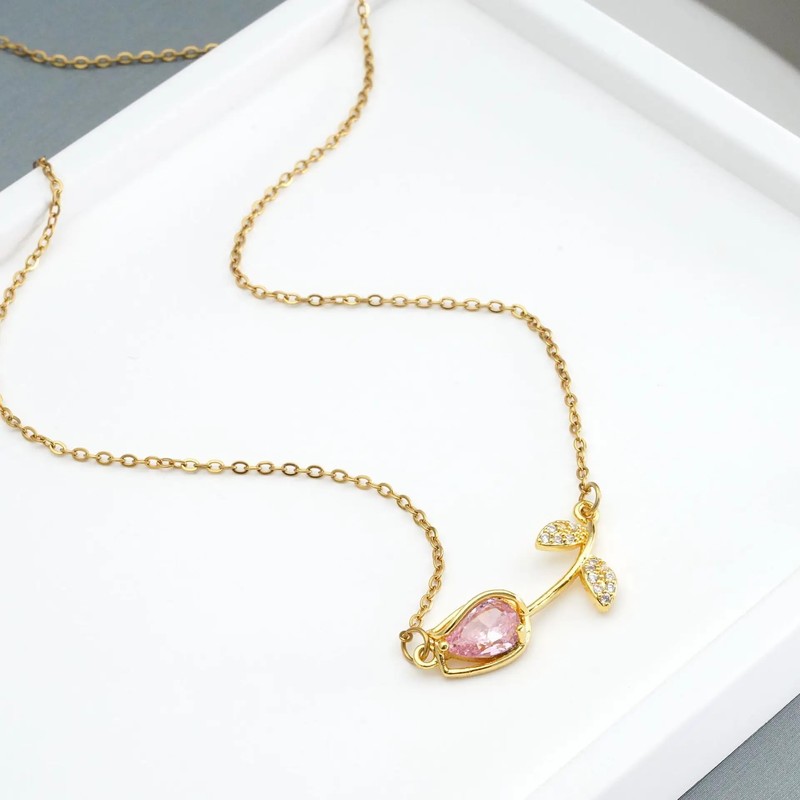 Generic 14k Yellow Gold Pink Zircon Tulip Pendant Necklace, Women's