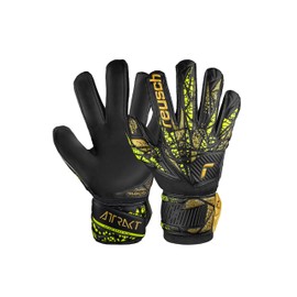 Reusch Attrakt Infinity Finger Support Junior Goalkeeper Gloves for Children, Ideal for Artificial Grass, Black/Gold/Yellow, 4
