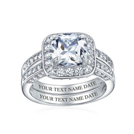 Classic Square Cut Colorless Cubic Zirconia Asscher 925 Sterling Silver CZ Pave Band Engagement Ring