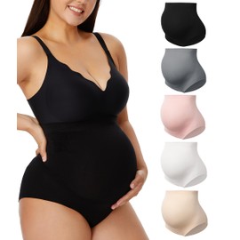 Angelhood Women's Maternity High Waist Underwear Pregnancy Seamless Soft Hipster Panties Over Bump, 5 Pack, Medium