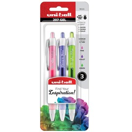 Uni-ball Uniball Signo 207 Pens, Inspirational Sayings Retractable Gel Pens, 3 Pack, Medium Point 0.07 Mm, Assorted Colors, Pink, Violet, & Green Colors, Vibrant Colored Pens For Note Taking