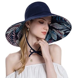 Wide Brim Floppy Sun Hat for Women Ladies Summer Hats Reversible Flora Beach Bucket Hat UPF50+ Protection Cotton Safari Outdoor Hats Packable Foldable Empty Top Visor Hat with Adjustable Chin Strap