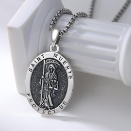 OHAYOO Santa Muerte Necklace for Men 925 Sterling Silver Holy Death Necklace Grim Reaper Necklace Santa Muerte Pendant Jewelry for Women