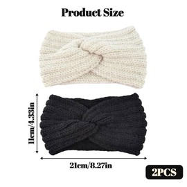 Vordpe Pack of 2 Women's Winter Knitted Headband for Women Girls, Hair Band Ear Warmers Elastic for Outdoor Sports, Skiing, Running (Black + White)
