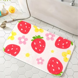 FEBSNOW Cute Strawberry Flower Bath Mat, Funny Colorful Non Slip Bathroom Rugs Bathroom Accessories, Machine Washable Absorbent Door Mats Tub Shower Bath Rug for Girls（Beige, 27.56 x 16.5 inch）