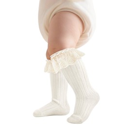 Zando Toddler Knee High Socks Baby Stockings Toddler Thigh High Tights Long Tube Leg Warm Stocking White Stockings for Girls with Cute Ruffles Baby Girl Socks 12-24 Months White
