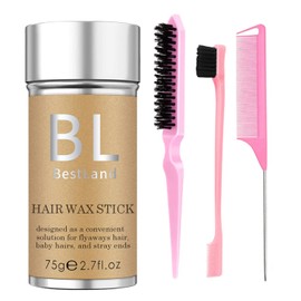 4Pcs Hair Wax Stick & Slick Back Hair Brush Versatile Hair Styling Set, Hair Wax Stick for Flyaways & Wigs Hair Tamer Styling, Edge Brush, Teasing Brush and Rat Tail Combs for Kid Women Girls (Pink)