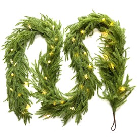 BNEAR 12FT(2 * 6FT) Christmas Garland with LED Lights - Artificial Norfolk Pine, Flexible & Pre-Lit Holiday Décor for Indoor & Outdoor Use, Perfect for Mantel, Staircase, Front Door