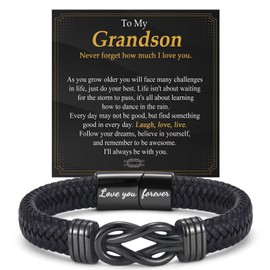 OAVOOK Gifts for Grandson from Grandma Infinity Leather Knot Bracelets for Teen Boys Braided Cuff Jewelry for Birthday, Christmas, Back to School