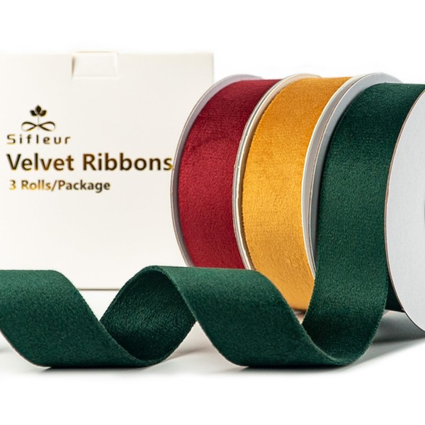 Sifleur Velvet Ribbon, Red Green Gold 1 Inch x 15Yd