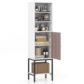 Giantex 57” Tall Bathroom Storage Cabinet, Floor Cabinet with Door, Adjustable Shelves & Foot Pads, Metal Legs, Anti-Tipping Kit, Slim Bathroom Storage Unit for Living Room, Kitchen (White)