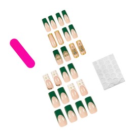 Medium Length Press on Nails Square Fake Nails Green French Tip Acrylic False Nails with Gold Heart Flower Designs Glue on Nail Cute Full Cover Stick on Nail for Women 24Pcs