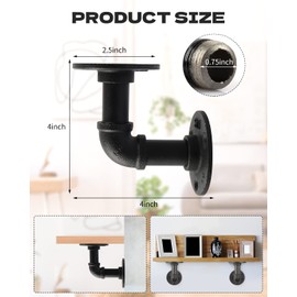 MUZIK 4 Pack Pipe Floating Shelf Bracket Heavy Duty, Black L Pipe Shelf Brackets Iron Shelving Brackets for Shelves - Vintage DIY Pipe Shelf (4*4 Inch)