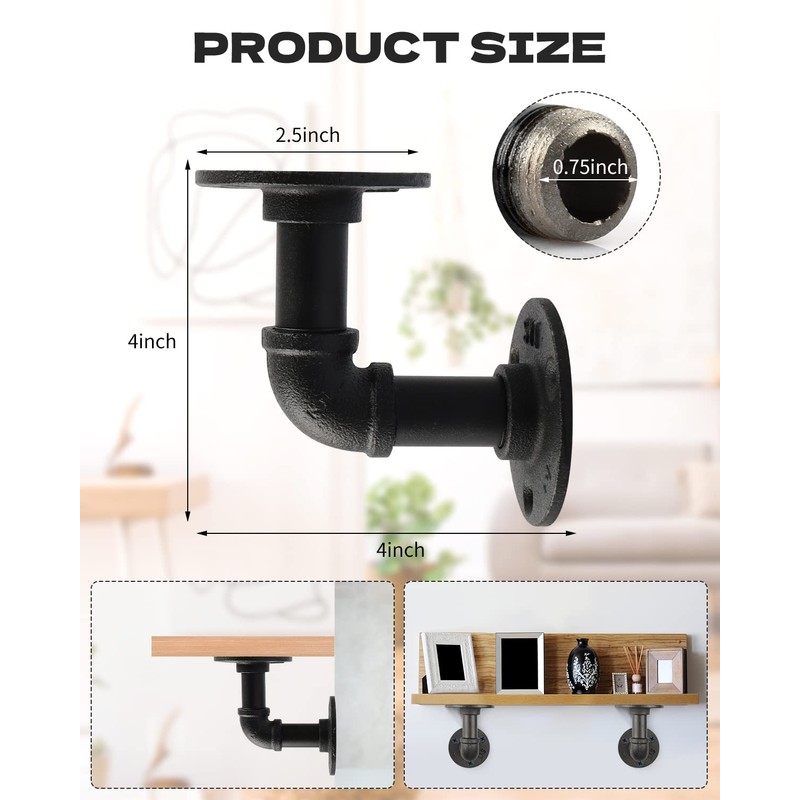 MUZIK 4 Pack Pipe Floating Shelf Bracket Heavy Duty, Black