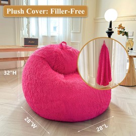 XeGe Kids Fluffy Faux Fur Bean Bag Chair Cover (No Filler), Soft Furry Stuffed Animal Storage Bean Bag Cover Home Decoration, Shaggy Fuzzy Beanbag for Kids Teens Girls Children, Anti-Slip, Hot Pink
