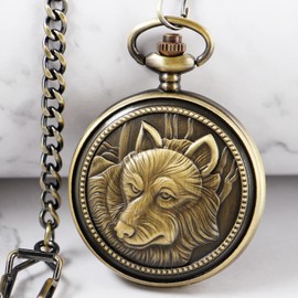 Bronze Animal Dog Wolf Head Pattern Antique Quartz Pocket Watch with Chain Necklace White Dial for Men