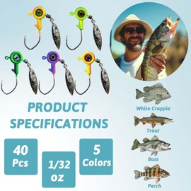 Bombite Crappie Jigs Crappie Jig Heads with Spinner 1/32 oz Underspin Fishing Jig Heads for Crappie Panfish Bass Fishing Jig Head 40pcs