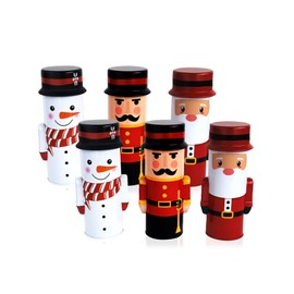 DAHO 6pc Christmas Characters Novelty Shaped Tin Canisters with Lid Nutcracker Snowman Santa, Cookie Candy Tin Containers for Storing Treat Chocolate Wrapping Party Favor Supplies (2set (6pc))