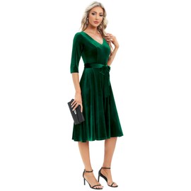 Bbonlinedress Rockabilly Dresses Women's 3/4 Sleeve V-Neck Midi Long Sleeve Festive Dresses for Wedding Vintage Cocktail Dress, Velvet dark green