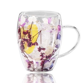 Gifts for Women Aesthetic Dried Flowers Double Wall Glass Coffee Mugs Tea Cups with Handles and Insulated Layer,for Women Best Friend Teacher Mum Christmas Birthday Gifts (Purple)