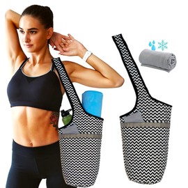 SusggO Pack Yoga Mat Bag and Cool Towel Cooling Yoga Mat Bag Women's Yoga Mat Towel Gym Towel Microfibre Towel. Multifunctional Yoga Mat Bag Pilates Fitness Sports (Zigzag)