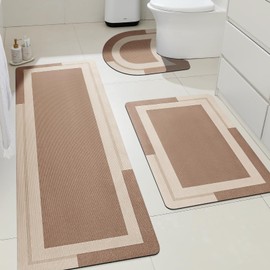 ACCUMTEK Ultra Thin Bath Mats Fit Under Door 3 Piece, Upgrade Backing Non Slip Bath Mat, Quick Dry Absorbent Bath Mat, Machine Washable Bathroom Rugs for Bathroom Floor, Bathtub, Kitchen, Taupe