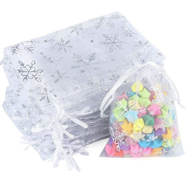 G2PLUS Pack of 50 Organza Bags Christmas White - 10 x 15 cm Gift Organza Bag - Snowflake Organza Bag with Drawstring for Christmas