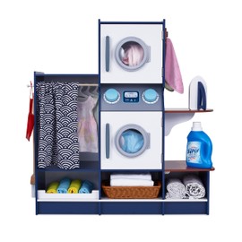 Lil' Jumbl Kids Washer and Dryer Playset, Wooden Children's Pretend Laundry Set, Includes Broom, Dustpan, Iron, Hangers & Basket, Realistic Laundry Room for Kids