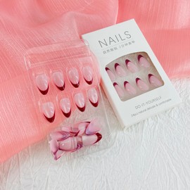 French Tip Press on Nails Short Almond Fake Nails with Designs Cat Eye Glue on Nails Red Acrylic False Nails Reusable Artificial Nails Press ons Glossy Full Cover Stick on Nails for Women 24Pcs